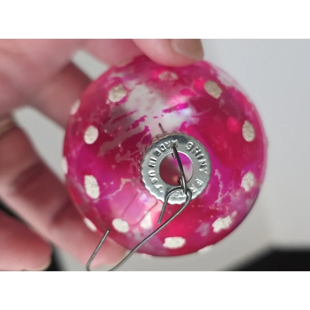 Vtg Shiny Brite Pink White Flocked UNSILVERED glass CHRISTMAS ORNAMENT Polkadot